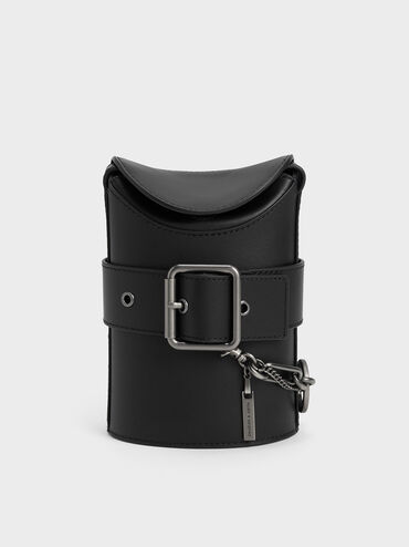 Jules Leather Belted Bucket Bag, Black, hi-res