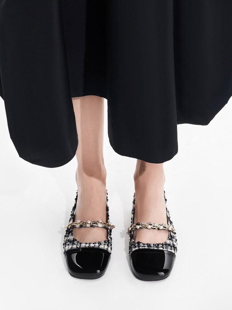 Rio Tweed Beaded Chain-Link Slingback Flats, Black Textured, hi-res