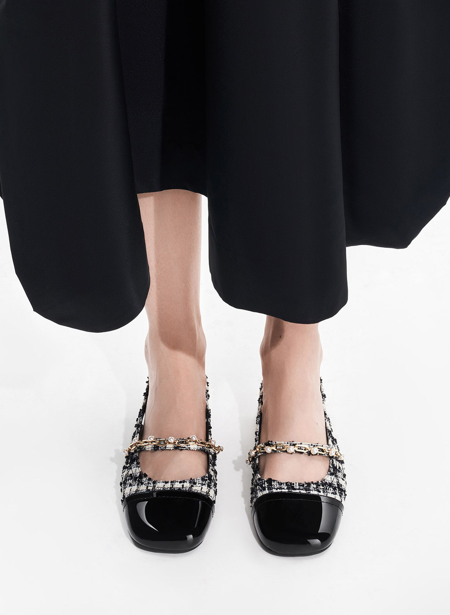 Rio Tweed Beaded Chain-Link Slingback Flats, Black Textured, hi-res