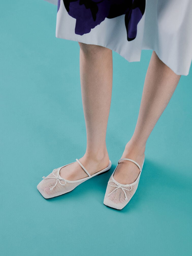 Mesh Bow Square-Toe Ballet Mules, White, hi-res