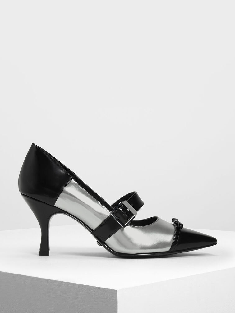 Leather Ribbon Detail Mary Jane Heels, Pewter, hi-res