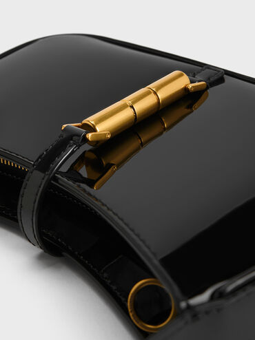 Cesia Patent Metallic Accent Shoulder Bag, Black Patent, hi-res