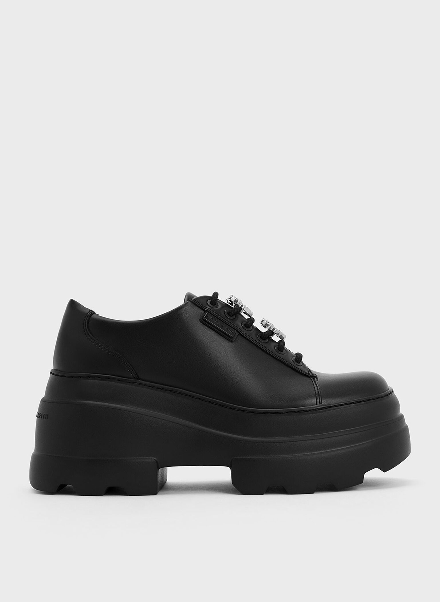 Crystal Heart-Motif Lace-Up Oxfords, Black, hi-res