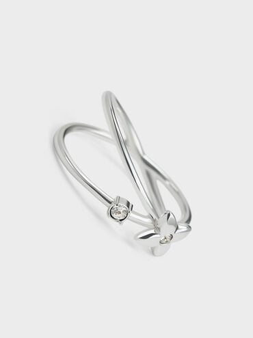 Felicity Flower-Motif Crystal Crossover Ring, Silver, hi-res
