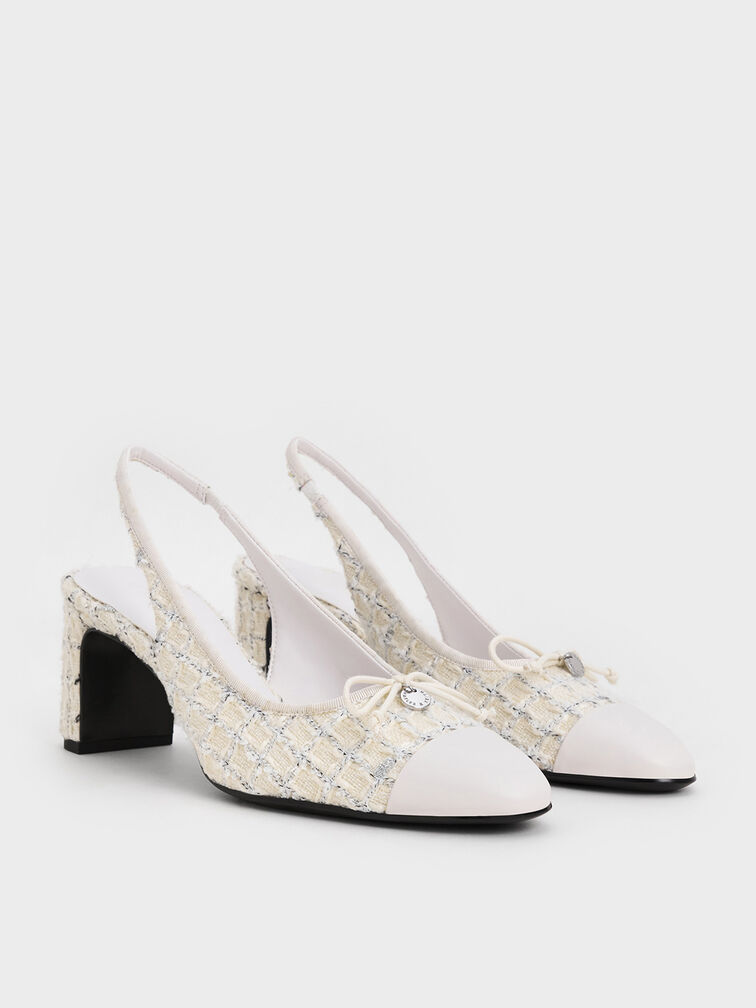 Tweed Bow Cap-Toe Slingback Pumps, Multi, hi-res