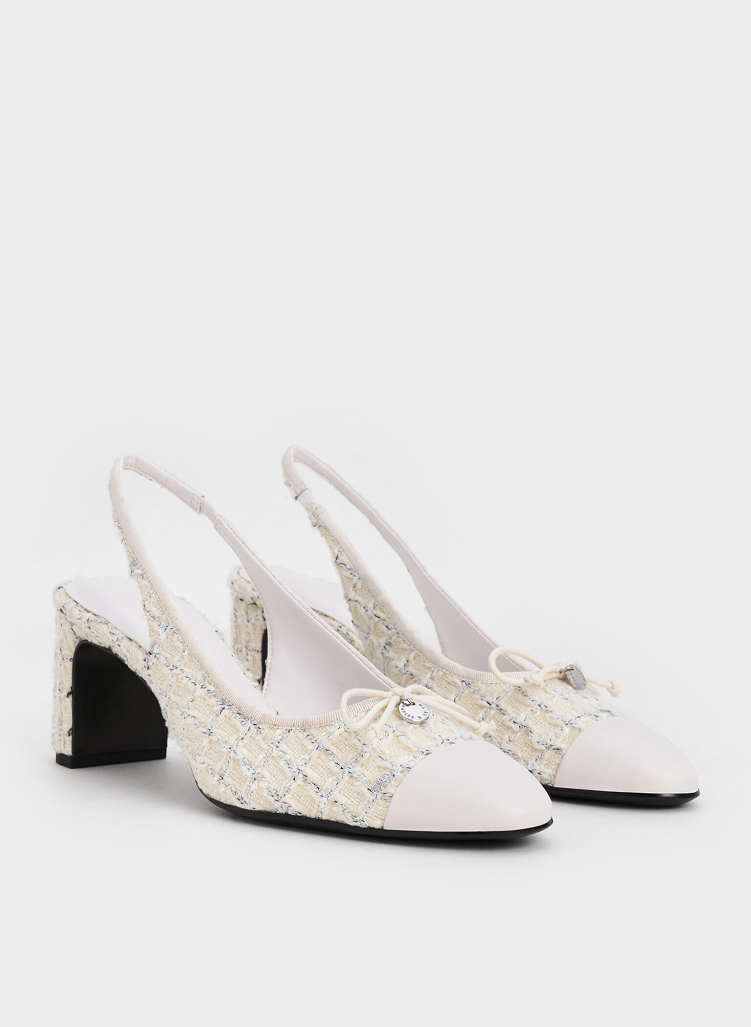Tweed Bow Cap-Toe Slingback Pumps, Multi, hi-res