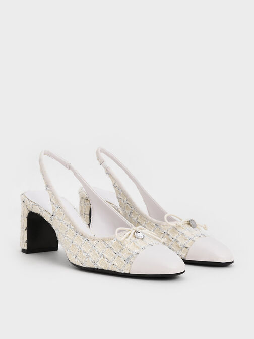 Tweed Bow Cap-Toe Slingback Pumps, Multi, hi-res