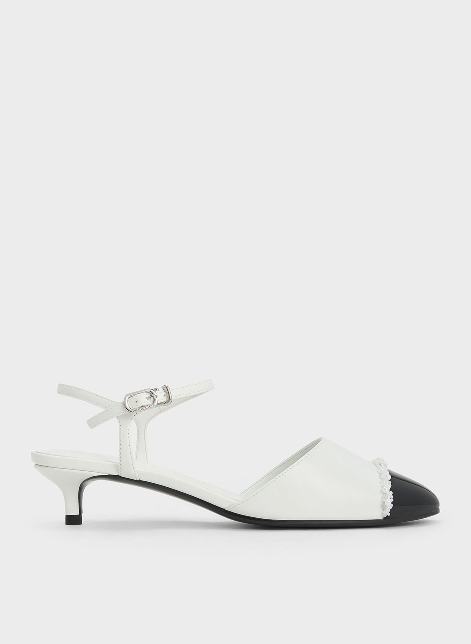 Pearl-Embellished Cap-Toe Kitten Heels, White, hi-res