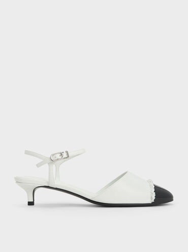 Pearl-Embellished Cap-Toe Kitten Heels, White, hi-res
