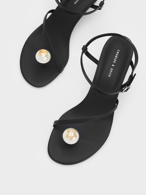 Pearl Embellished Strappy Sandals, Black, hi-res