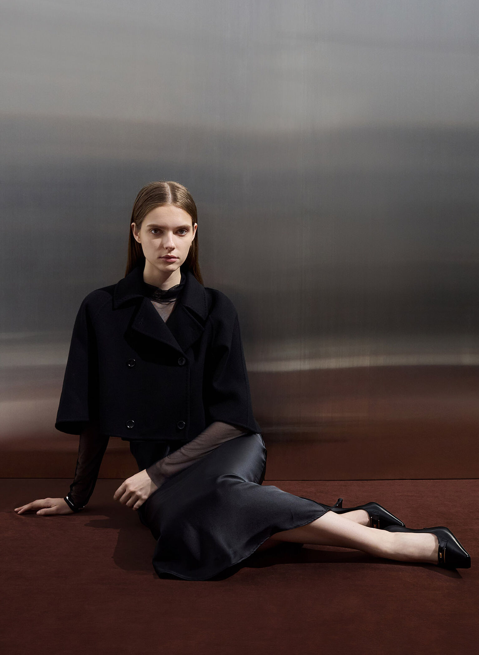 Leather Sculptural-Heel Square-Toe Pumps, Black Box, hi-res