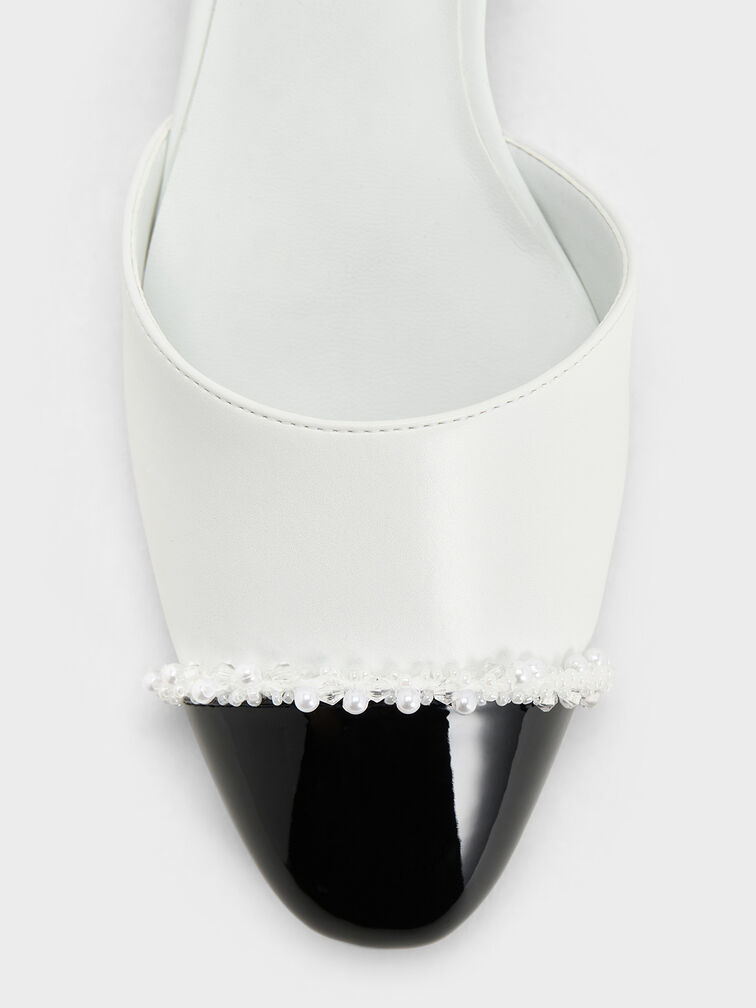Pearl-Embellished Cap-Toe Kitten Heels, White, hi-res