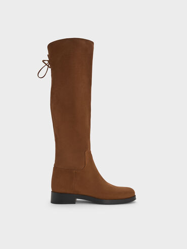 Faux Suede Fold-Over Back-Tie Thigh-High Boots, Brown, hi-res