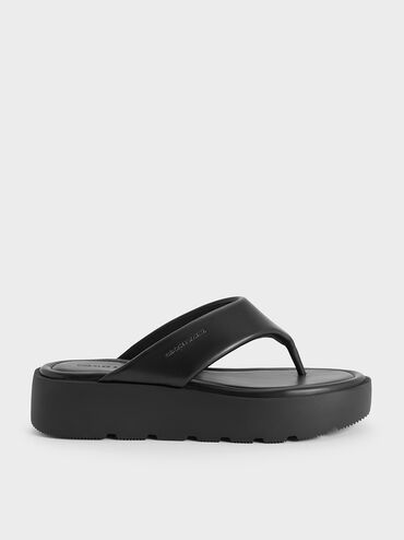 V-Strap Flatform Thong Sandals, Black, hi-res