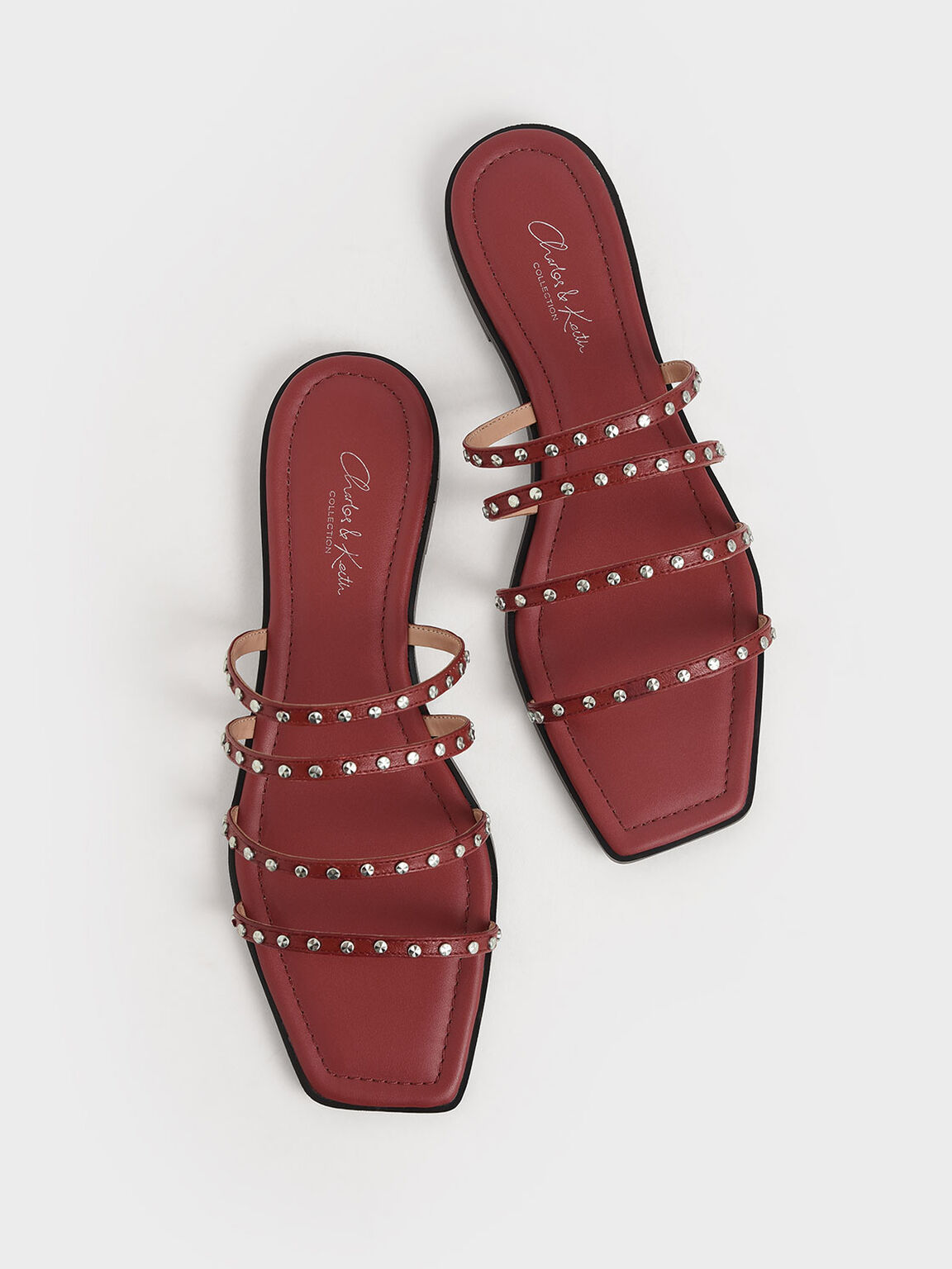Studded Leather Flat Sandals, Brick, hi-res
