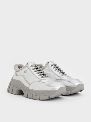 Yunna Metallic Leather & Recycled Fabric Chunky Sneakers, Silver, hi-res
