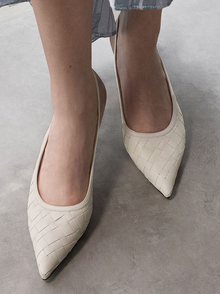 Woven Pointed-Toe Slingback Pumps, Chalk, hi-res