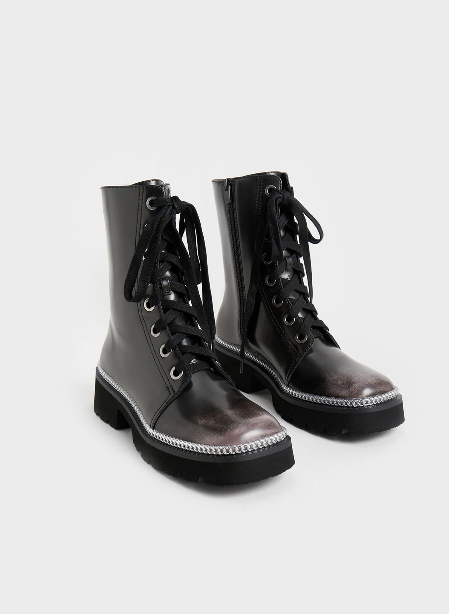 Chain-Trim Lace-Up Boots, Dark Grey, hi-res
