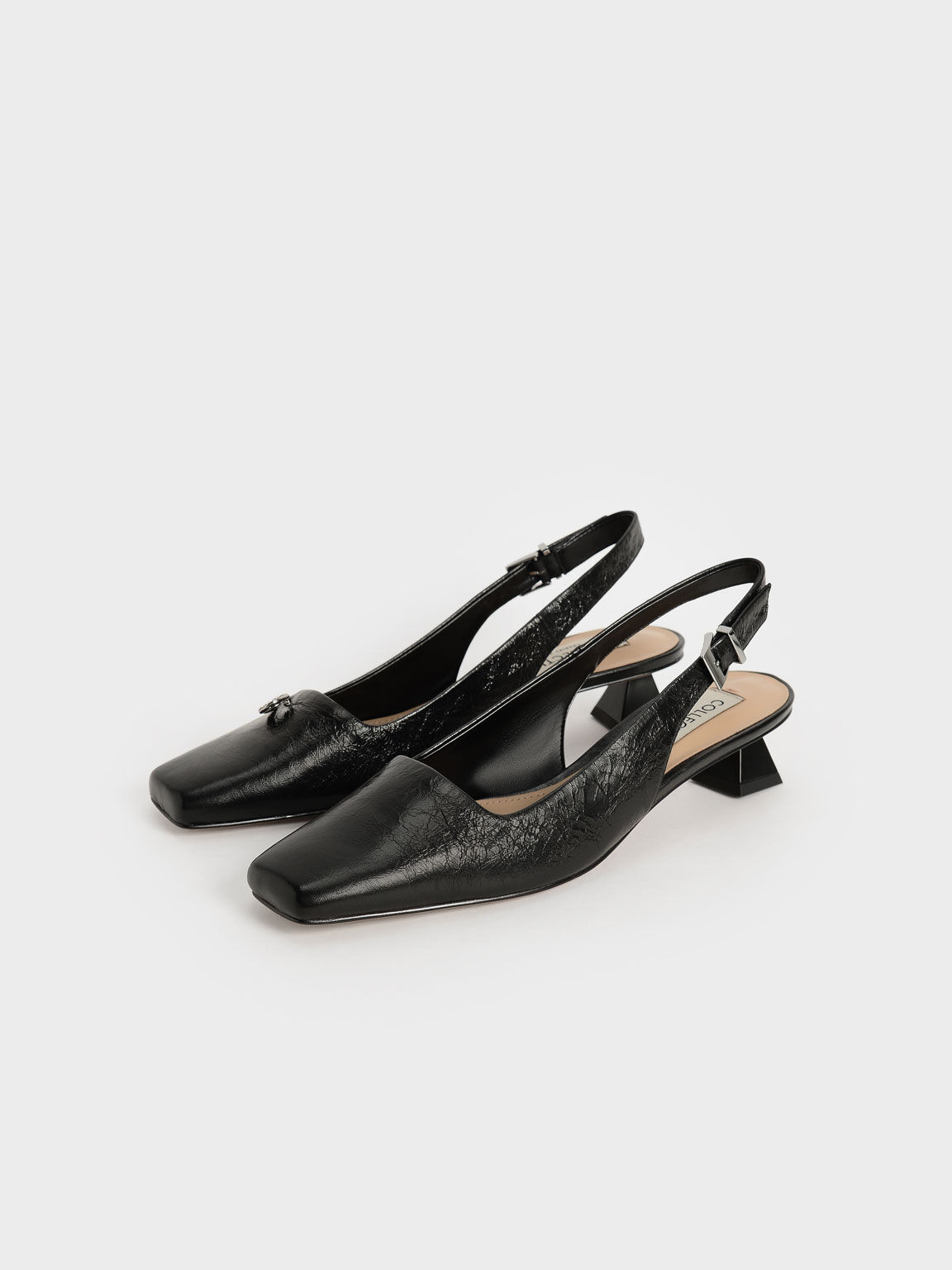 Gem-Embellished Leather Slingback Court Shoes, Black, hi-res