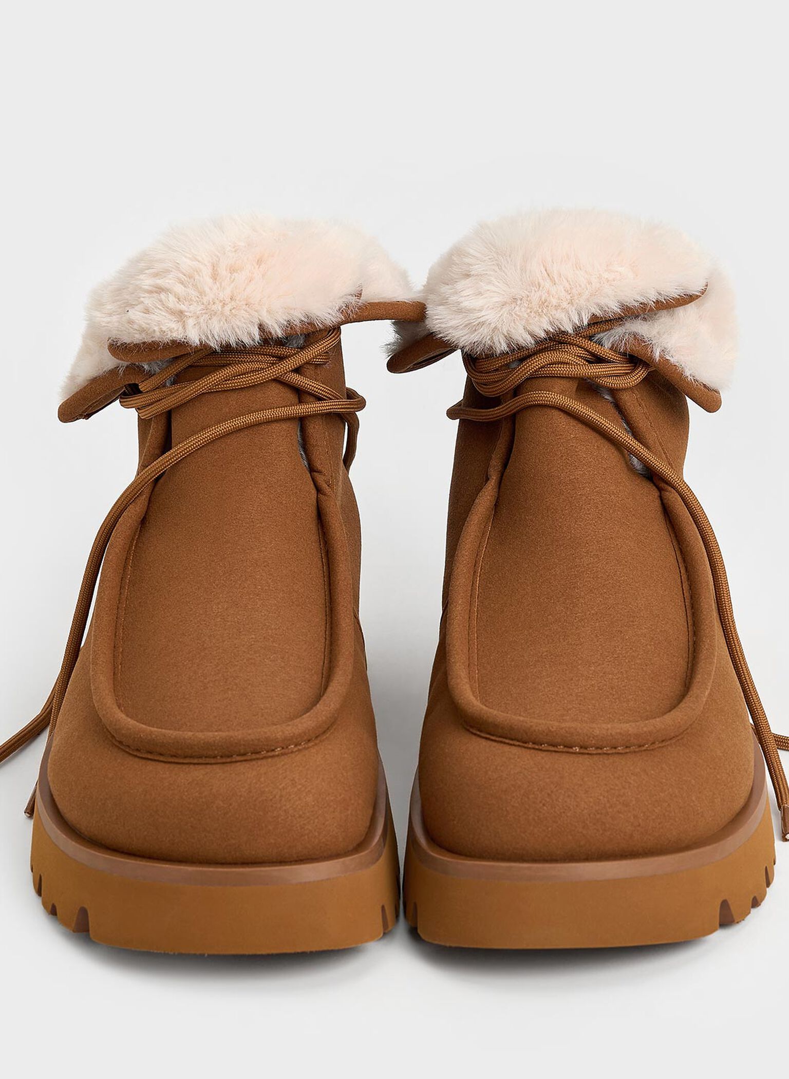 Textured Fur-Lined Ridged-Sole Ankle Boots, Brown, hi-res
