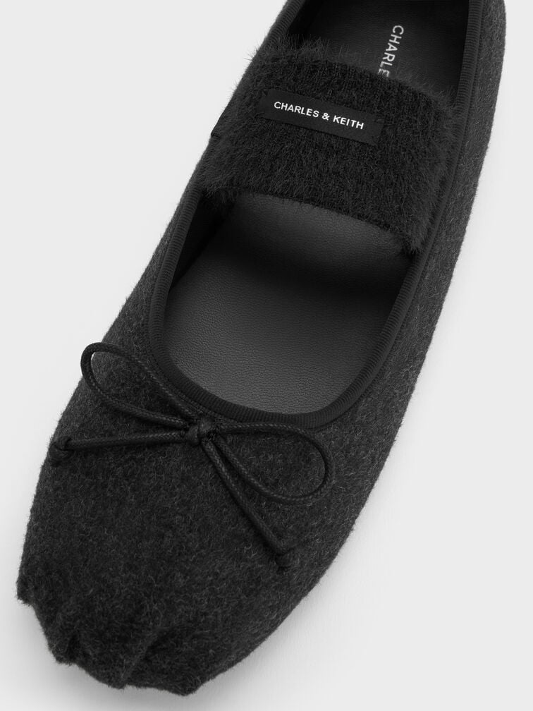 Winona Felt Bow Furry-Strap Mary Jane Flats, Black Textured, hi-res