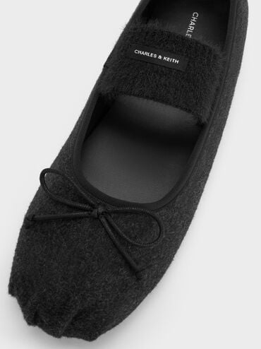 Winona Felt Bow Furry-Strap Mary Jane Flats, Black Textured, hi-res