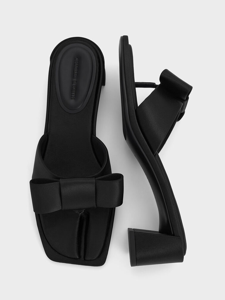Satin Bow Heeled Thong Sandals, Black Textured, hi-res