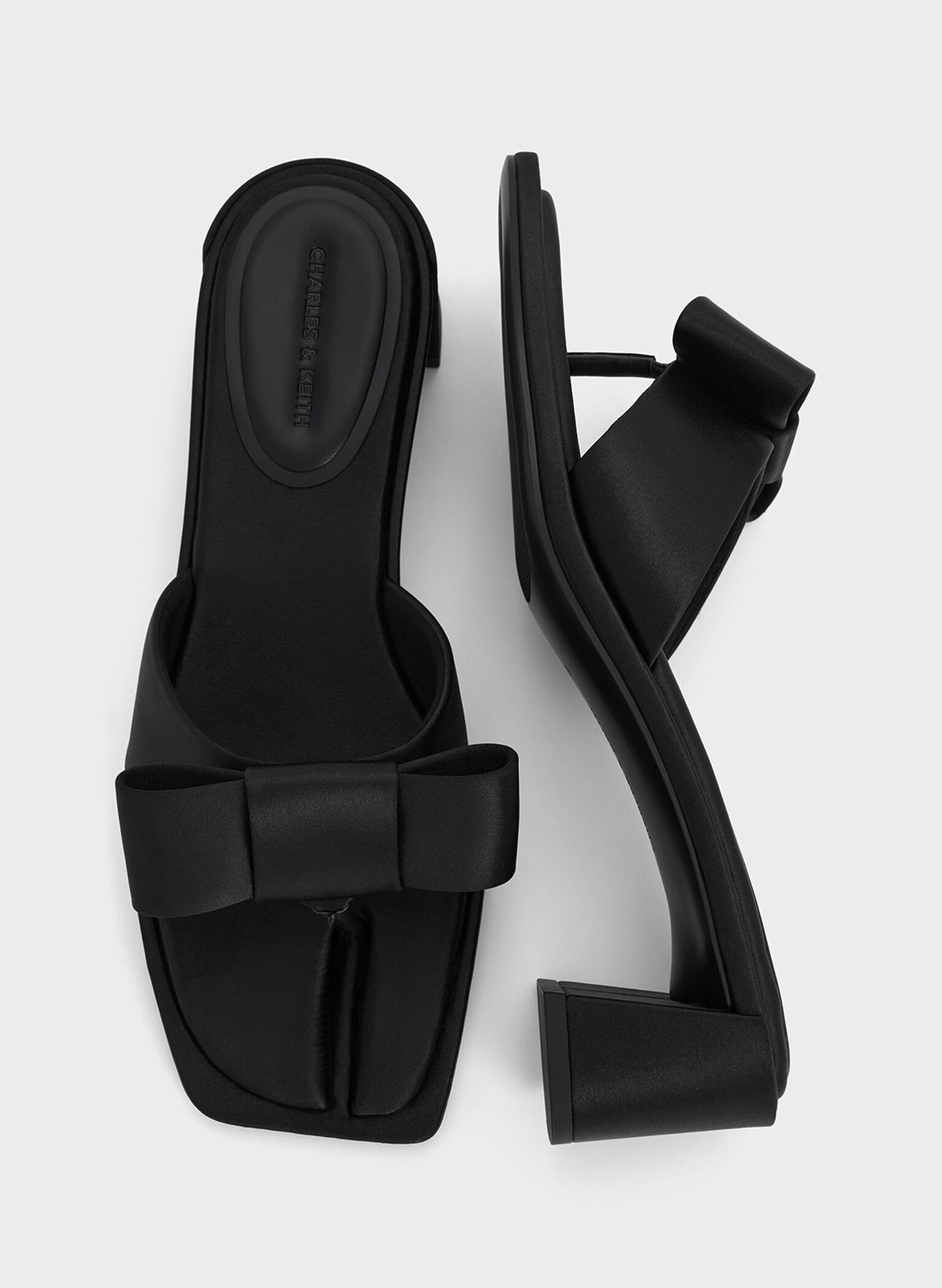 Satin Bow Heeled Thong Sandals, Black Textured, hi-res