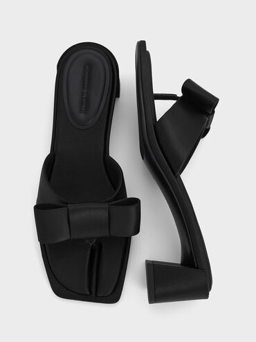 Satin Bow Heeled Thong Sandals, Black Textured, hi-res