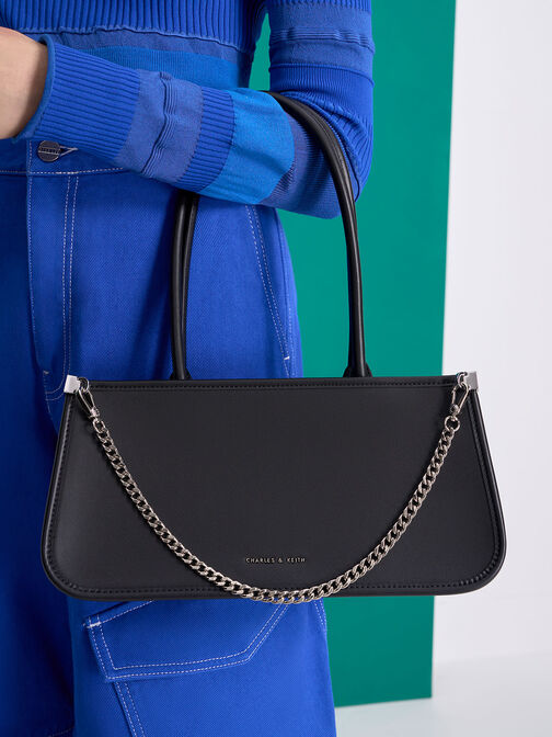 Curved Handle Geometric Bag, Black, hi-res