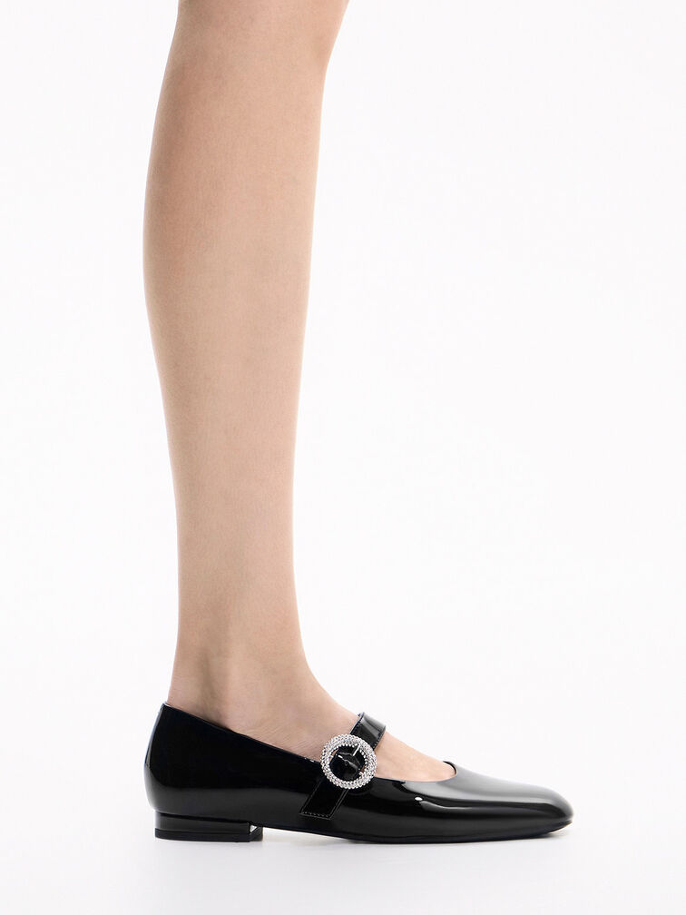 Patent Crystal-Embellished Buckle Mary Jane Flats, Black Patent, hi-res