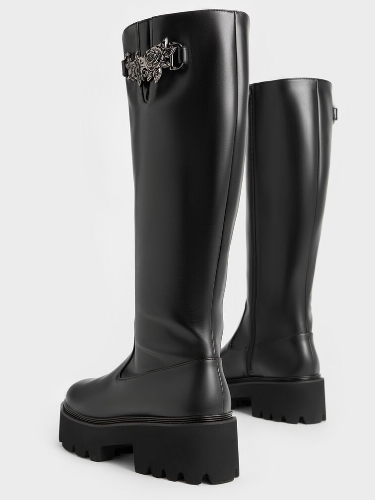 Imogen Rose-Motif Chunky Knee-High Boots, Black, hi-res