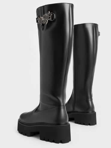 Imogen Rose-Motif Chunky Knee-High Boots, Black, hi-res