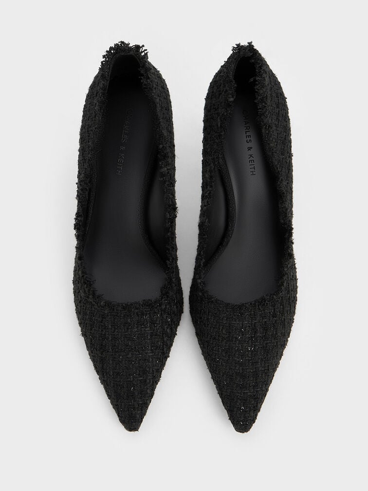 Tweed Pointed-Toe Stiletto Pumps, Black Textured, hi-res