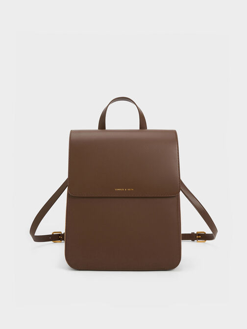 Front Flap Structured Backpack, Dark Brown, hi-res