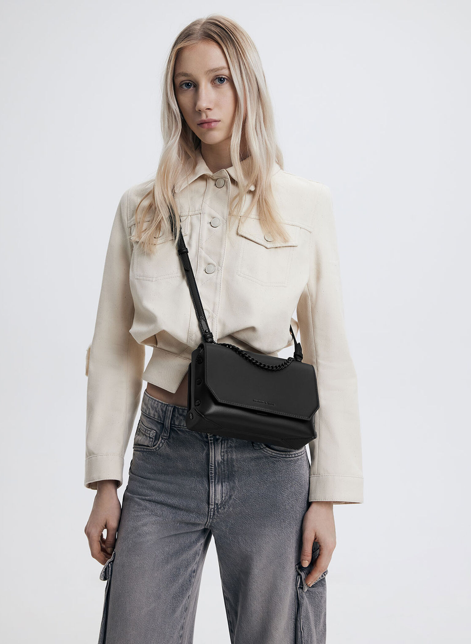 Chain Handle Shoulder Bag, Ultra-Matte Black, hi-res