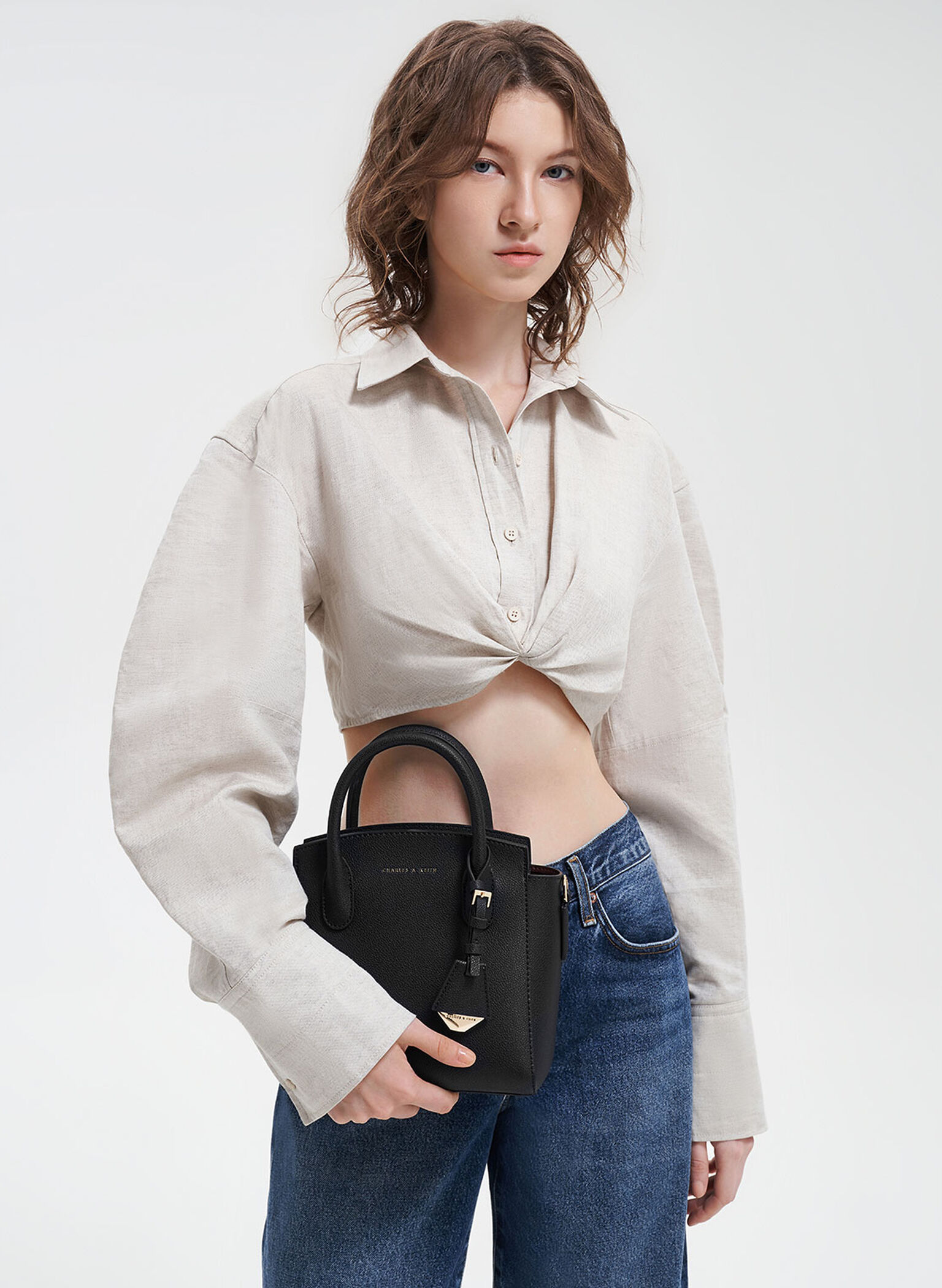 Harper Structured Top Handle Bag, Black, hi-res