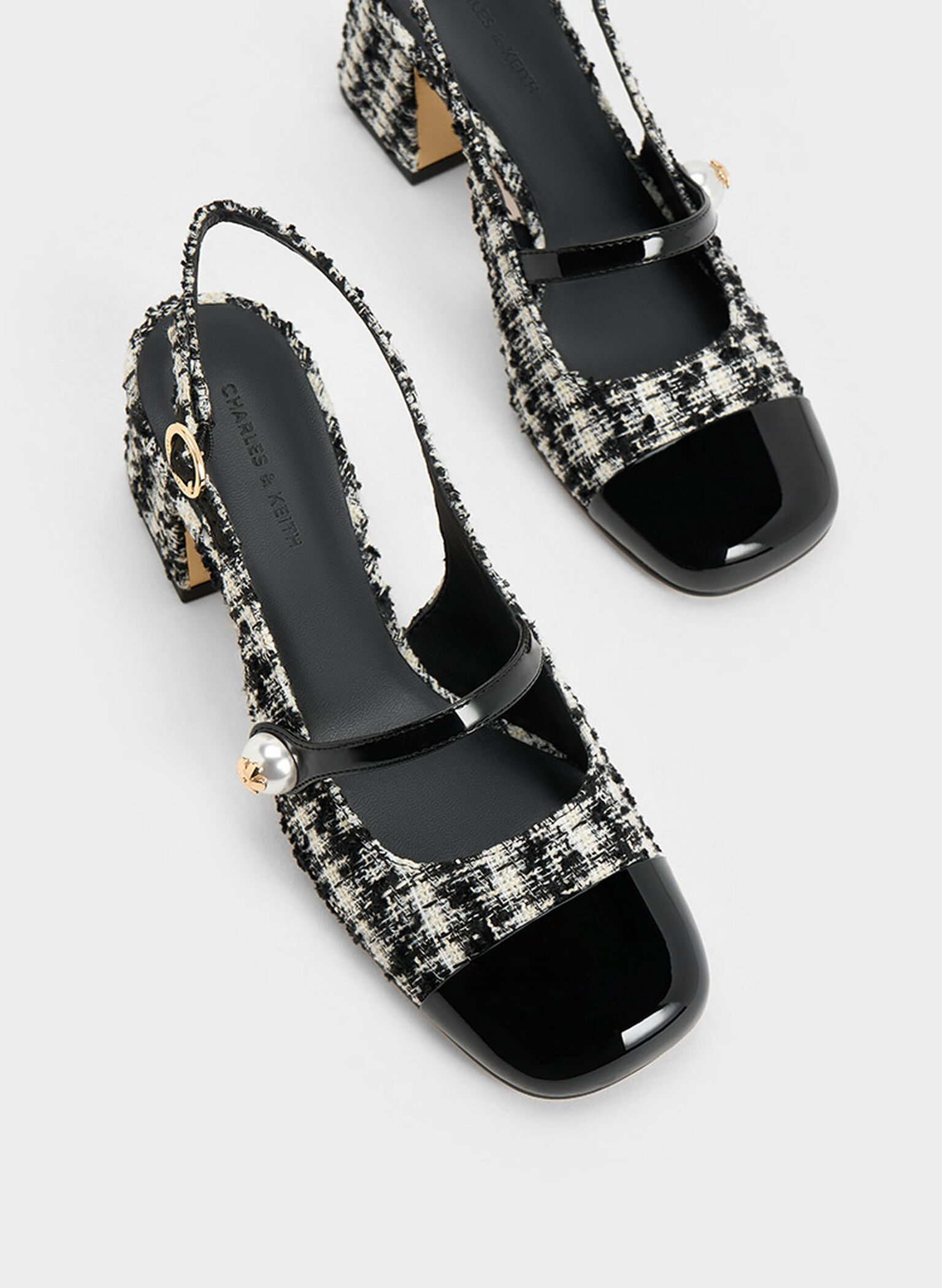 Aeryn Tweed Pearl-Embellished Slingback Pumps, Black Textured, hi-res