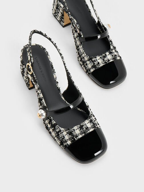 Aeryn Tweed Pearl-Embellished Slingback Pumps, Black Textured, hi-res