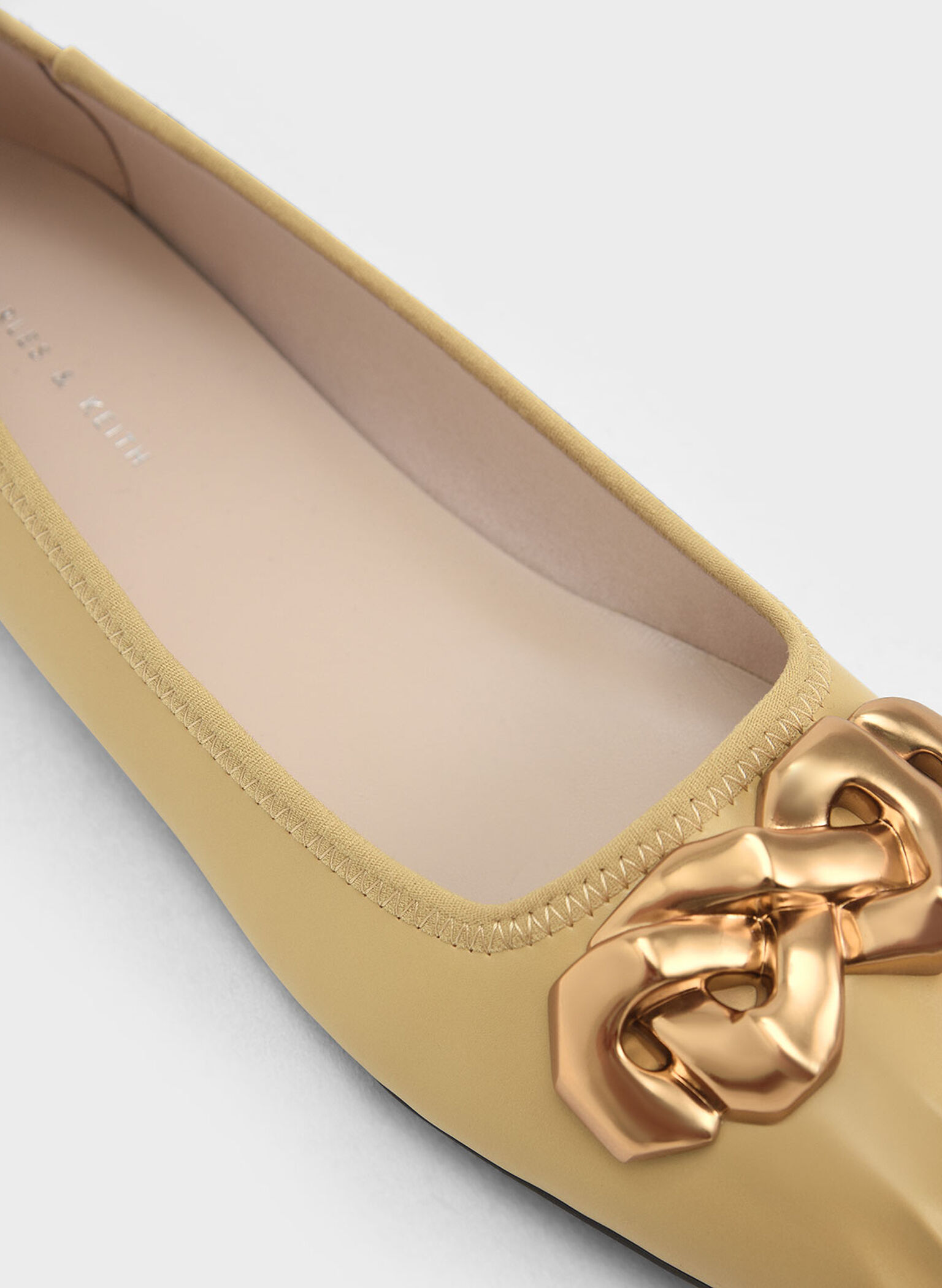 Ruched Square-Toe Chunky Chain-Link Ballerinas, Mustard, hi-res