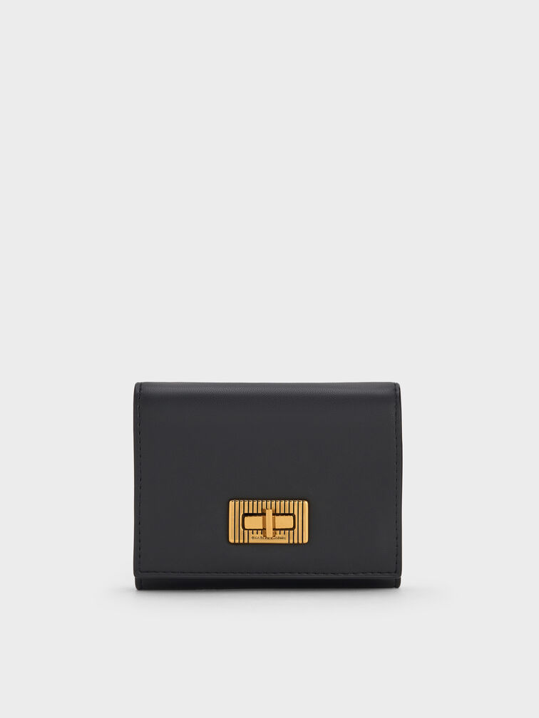 Edna Turn-Lock Knotted-Strap Wallet, Black, hi-res