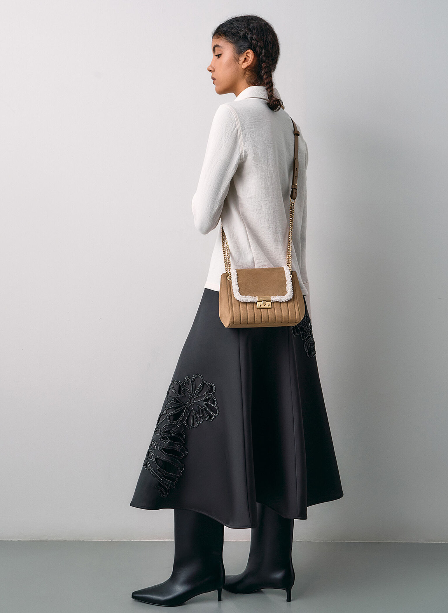 Donna Faux Suede Fur-Trim Shoulder Bag, Tan, hi-res