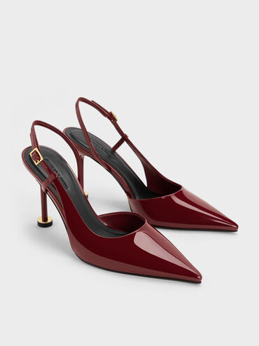 Patent Pointed-Toe Sculptural-Heel Slingback Pumps, Red, hi-res