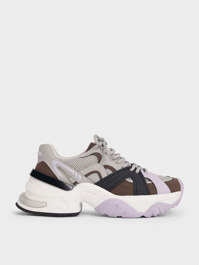 Mesh Contrast-Trim Chunky Sneakers, Brown, hi-res