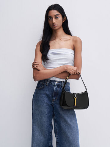 Cesia Patent Metallic Accent Shoulder Bag, Black Patent, hi-res