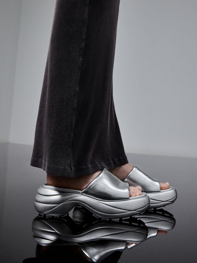 Metallic Wide-Strap Curved Platform Sports Sandals, Silver, hi-res