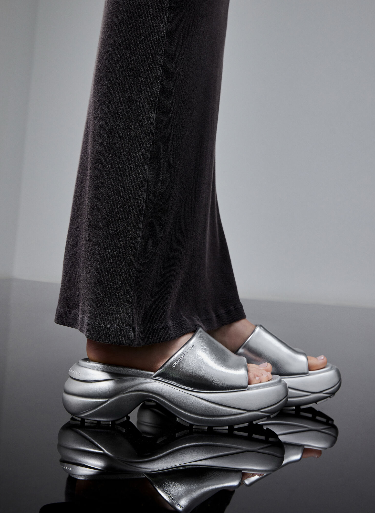 Metallic Wide-Strap Curved Platform Sports Sandals, Silver, hi-res