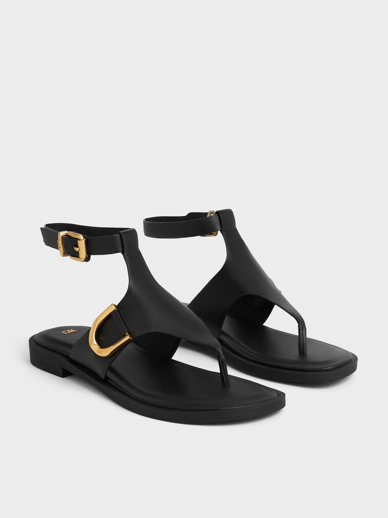 Gabine Leather Ankle-Strap Thong Sandals, Black, hi-res