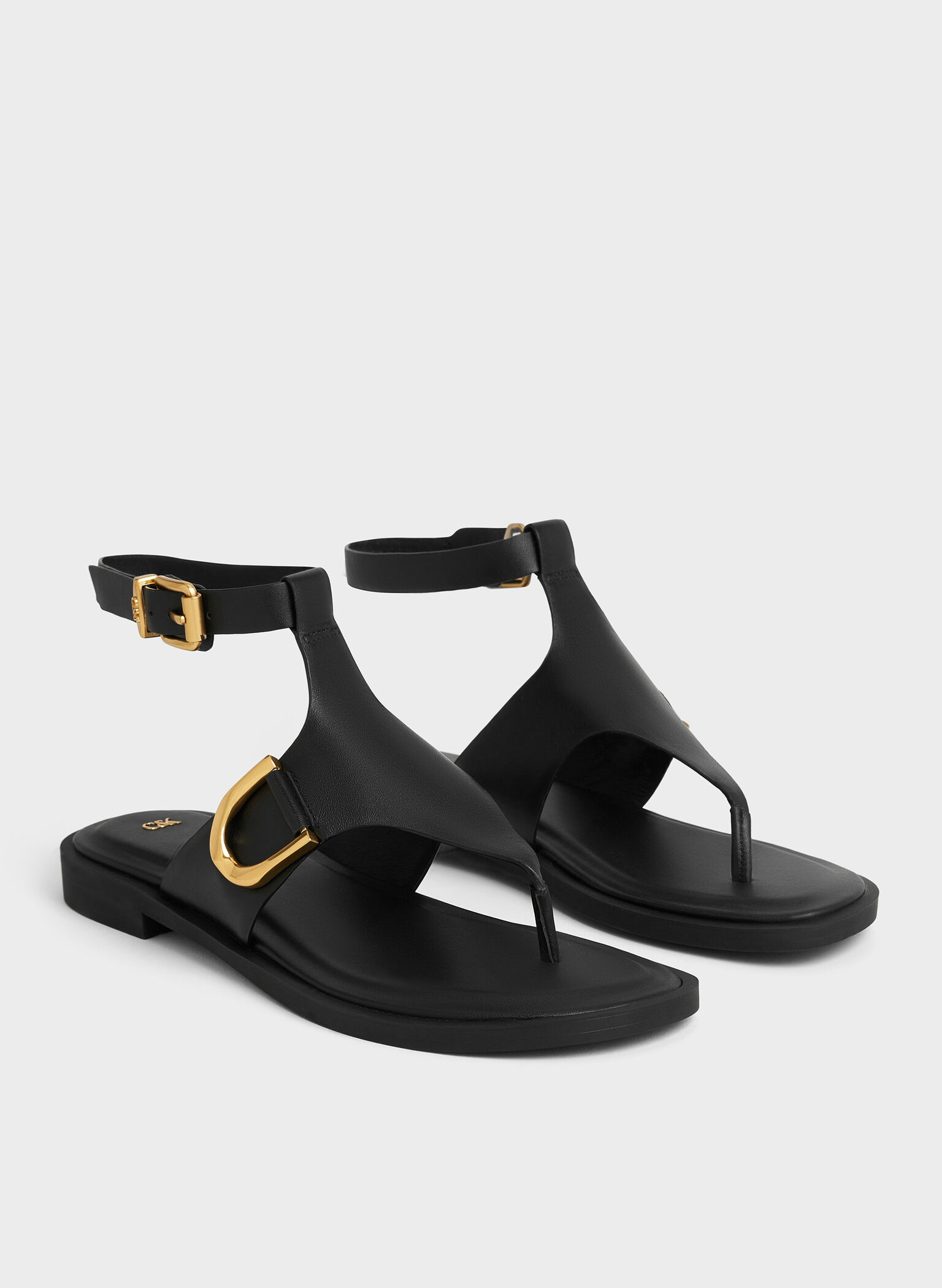 Gabine Leather Ankle-Strap Thong Sandals, Black, hi-res