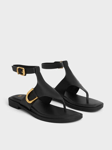 Gabine Leather Ankle-Strap Thong Sandals, Black, hi-res